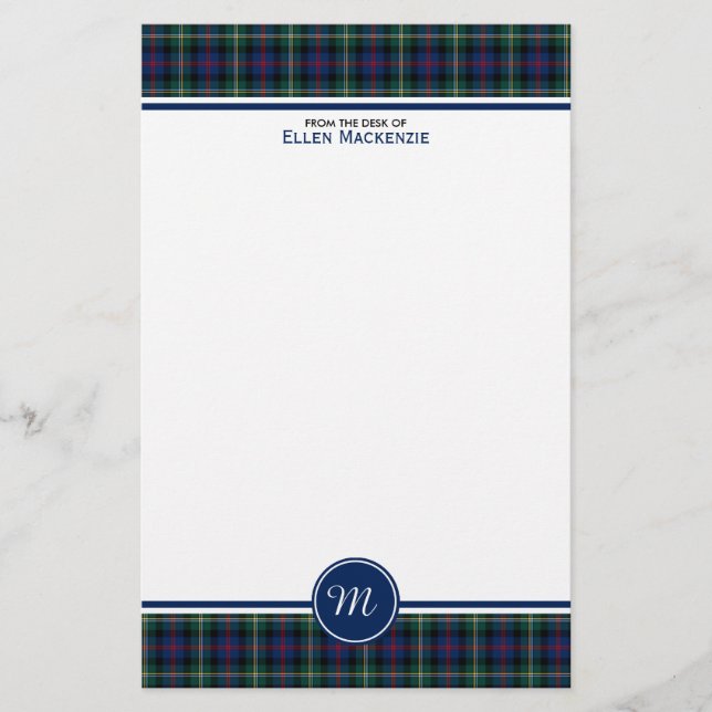 Papeterie Malcolm Clan Tartan bleu foncé Monogramme plaqué (Devant)