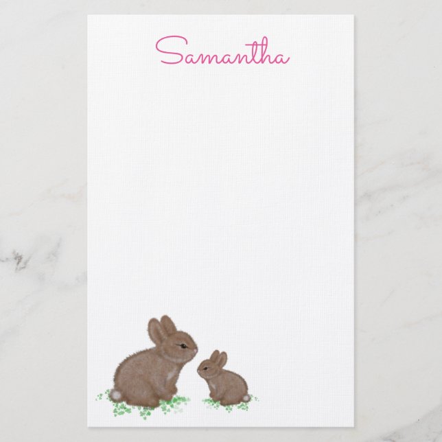 Papeterie Maman mignonne et bébé lapin dans du trèfle (Devant)