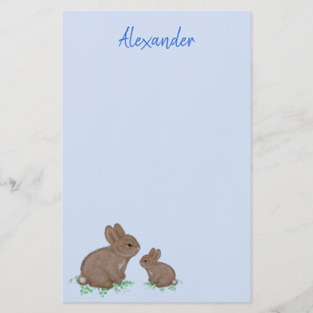 Papeterie Maman mignonne et bébé lapin dans un bleu trèfle (Devant)