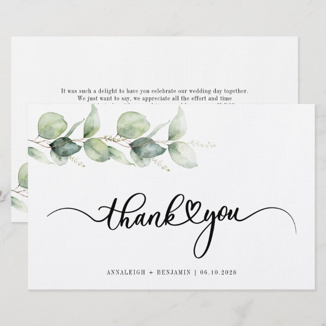 Papeterie Merci Mariage à lettres mains Eucalyptus (Devant / Derrière)