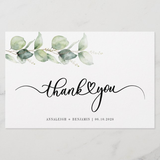 Papeterie Merci Mariage à lettres mains Eucalyptus (Devant)