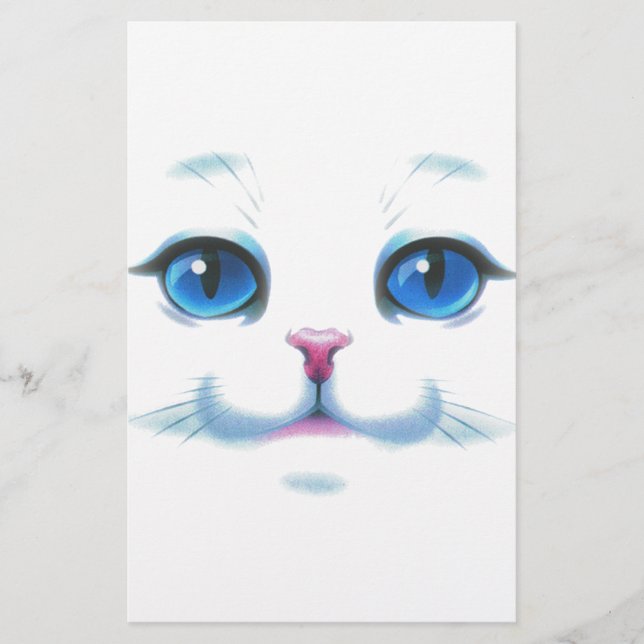 Papeterie Mignonne Blanc Chat Bleu yeux visage (Devant)