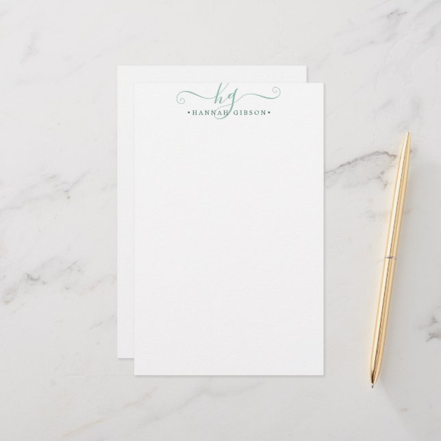 Papeterie Moderne Monogramme Fancy Initiales Script Vert (Devant/Arrière en situation)