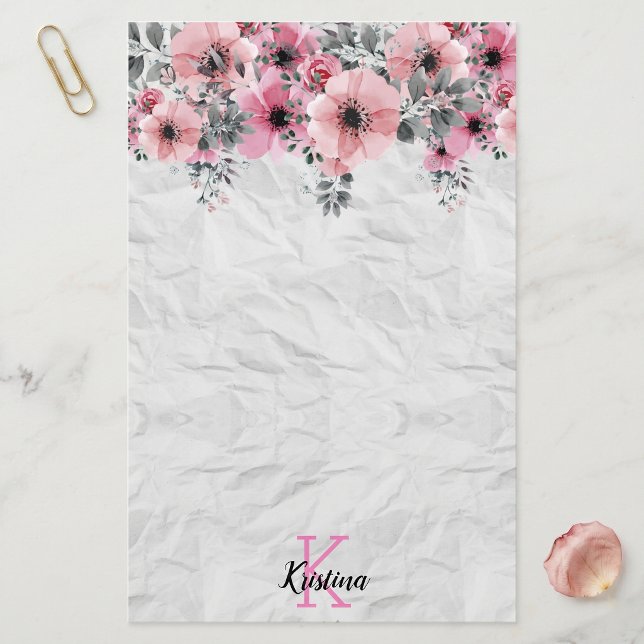Papeterie Monogramme à texture froissée florale rose aquarel (Créateur téléchargé)