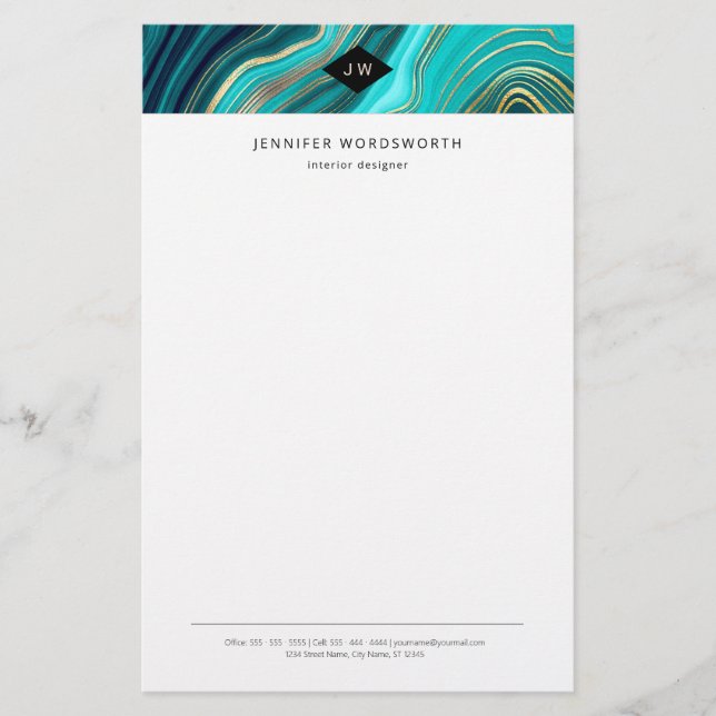 Papeterie Monogramme Aquarelle Géode Vert Agate Malachite (Devant)