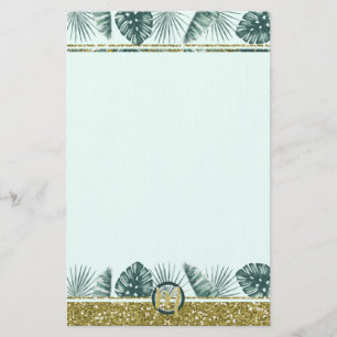 Papeterie Monogramme avec feuilles tropicales et paillettes