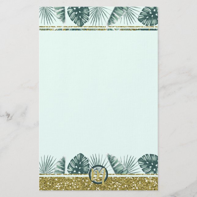 Papeterie Monogramme avec feuilles tropicales et paillettes (Devant)