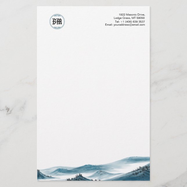 Papeterie Monogramme Blue White Mountain View Paper (Devant)