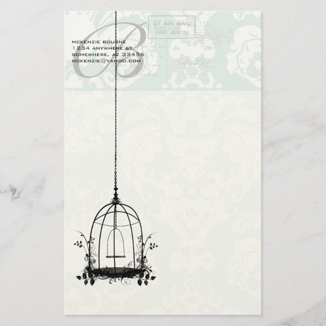 Papeterie Monogramme Cage Vintage d'oiseaux avec oiseaux Air (Devant)