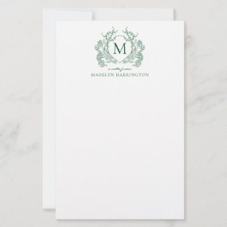 Papeterie Monogramme Classique de Crête Florale Verte Vintag