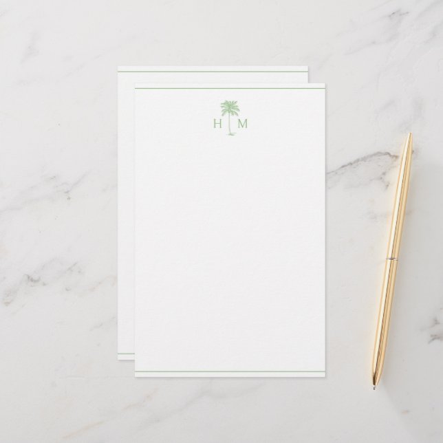Papeterie Monogramme d'arbre de palmier vert et blanc Palmet (Devant/Arrière en situation)