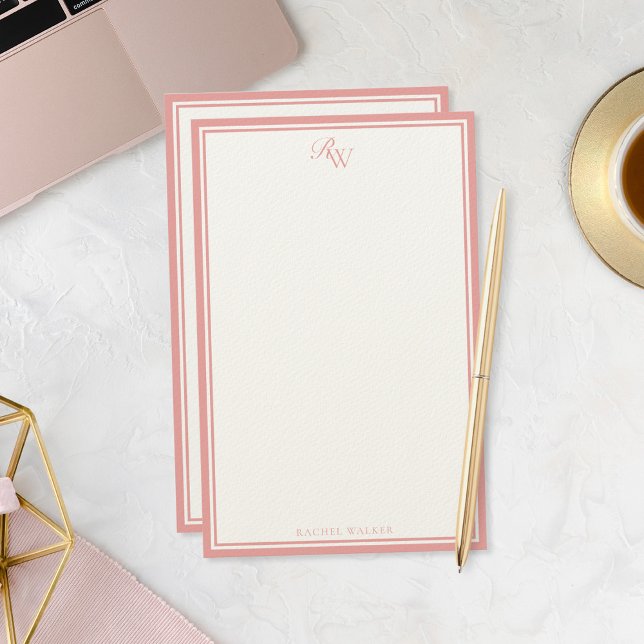 Papeterie Monogramme Deux Bordures Rose Élégant (Créateur téléchargé)