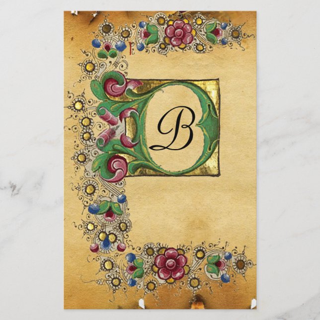 PAPETERIE MONOGRAMME DU PARCHEMENT FLORAL MÉDIÉVAL ANTIQUE R (Devant)