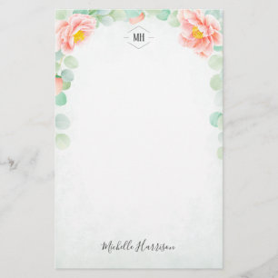 Papeterie Monogramme Eucalyptus Peony Peach Floral Aquarelle