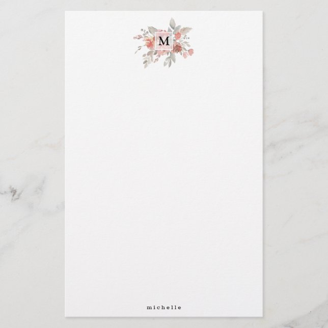 Papeterie Monogramme floral rose poudré élégant (Devant)