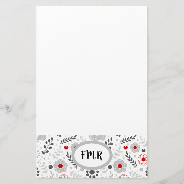 Papeterie Monogramme floral rouge gris moderne (Devant)