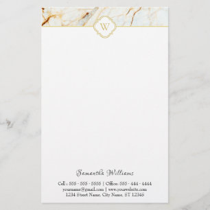 Papeterie Monogramme Marbre Elégant Blanc Or Papier