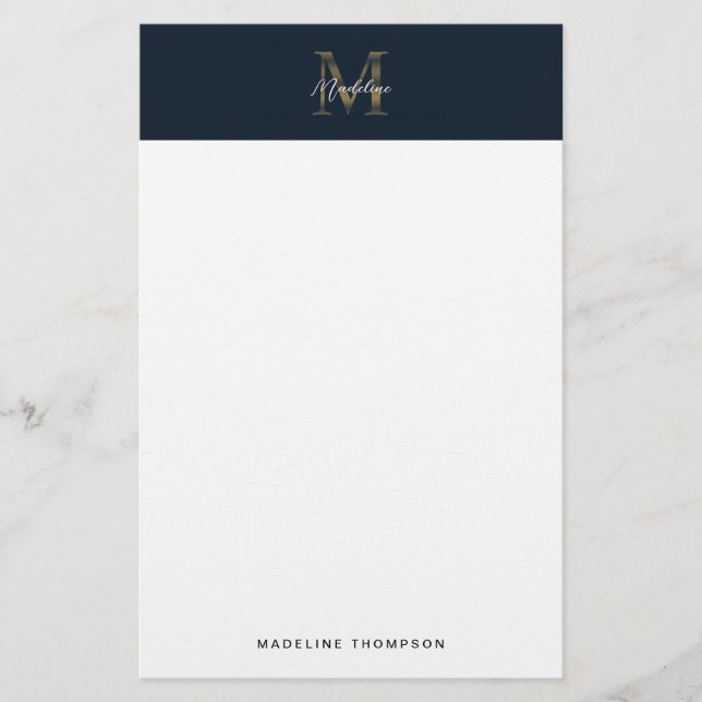 Papeterie Monogramme Or Bleu Nuit Métallisé Script Minimalis (Devant)