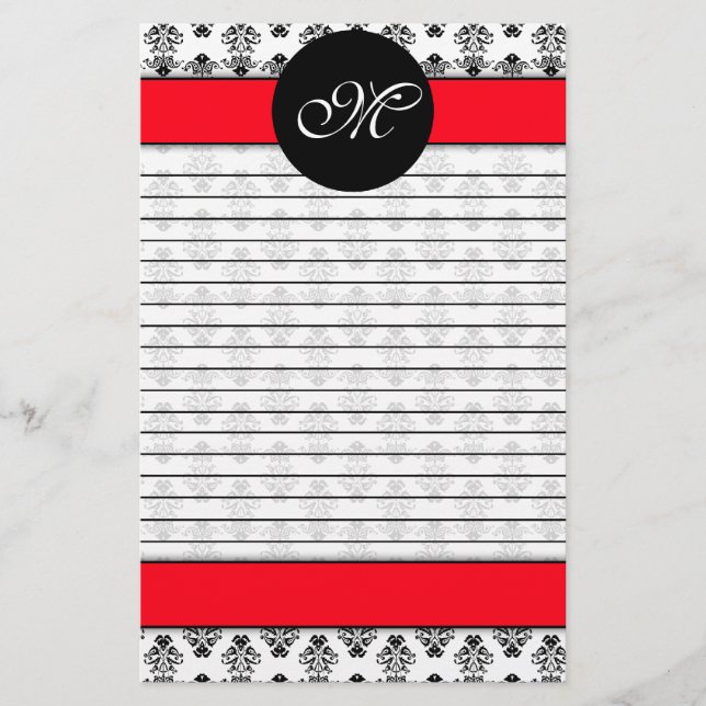 Papeterie Monogramme rayé par damassé rouge et blanche (Devant)