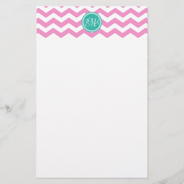 Papeterie Monogramme rose et Turquoise Chevron personnalisé (Devant)