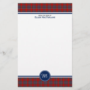 Papeterie Monogramme rouge et bleu de tartan de clan de