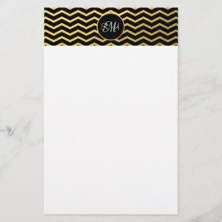 Papeterie Motif Chevron Noir et Or Triple Monogramme