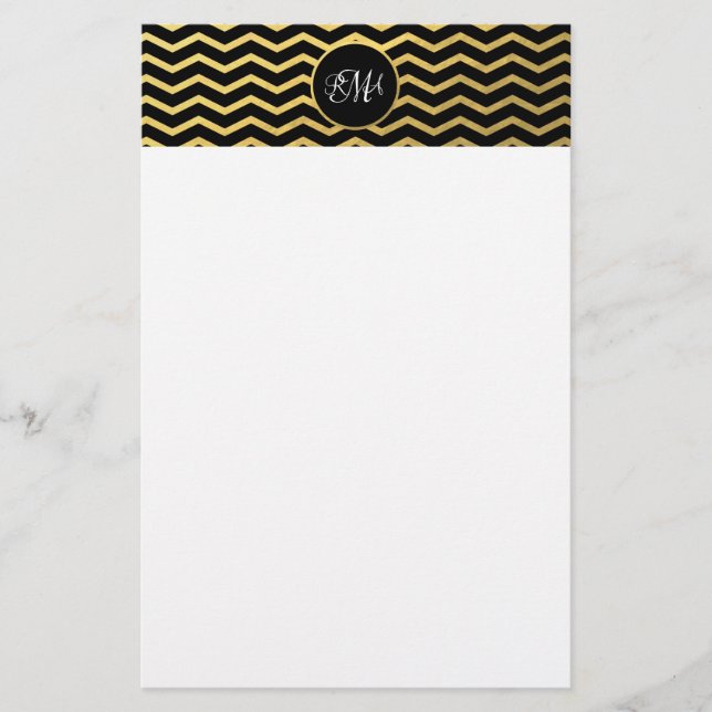 Papeterie Motif Chevron Noir et Or Triple Monogramme (Devant)