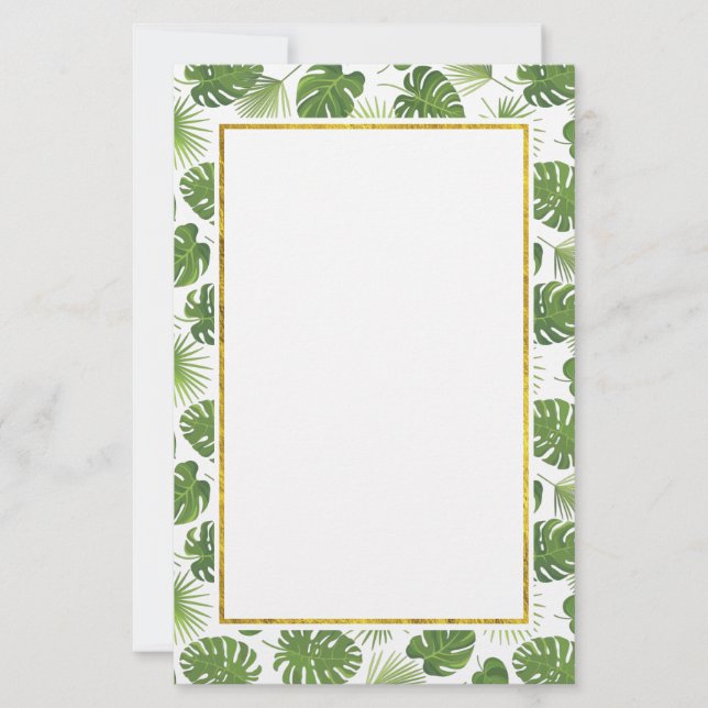 Papeterie Motif Feuille Tropical Vert avec cadre Or Faux (Devant)