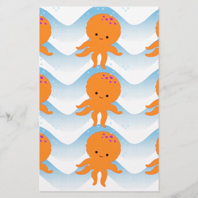 Papeterie Motif Octopus Orange Et Vagues Bleues (Devant)