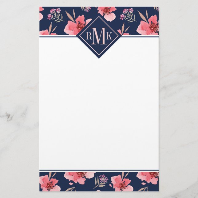 Papeterie Motif rose foncé d'aquarelle du monogramme | (Devant)