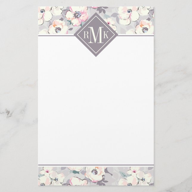 Papeterie Motif rose mou d'aquarelle du monogramme | (Devant)
