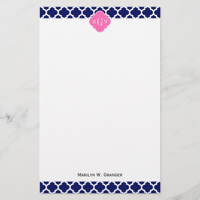 Papeterie Navy Wht Marocain #5 Rose Chaud2 3 Monogramme Init (Devant)