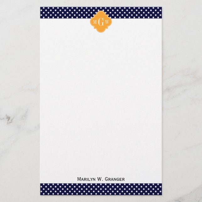 Papeterie Navy Wt Polka Dot Cantaloupe Quatrefoil 3 monogram (Devant)