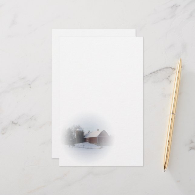 Papeterie Neige couverte Rouge Pays d'hiver Grange (Devant/Arrière en situation)