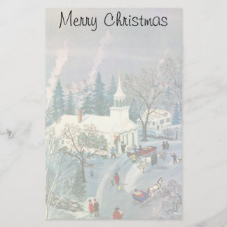 Papeterie Noël vintage, gens allant à l'église dans la neige