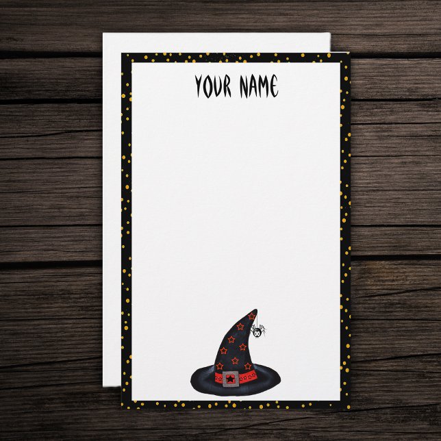 Papeterie Noir Avec Étoiles Casquettes Araignée Orange Dots  (Black witch hat spider orange stars on white with black and orange dotted border paper stationery.)