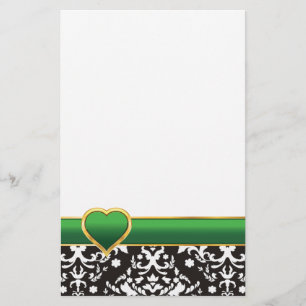 Papeterie Noir blanc damassé avec bande verte et coeur