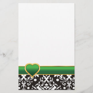Papeterie Noir blanc damassé avec bande verte et coeur