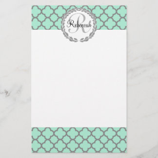 Papeterie Nom du monogramme de Quatrefoil vert et gris