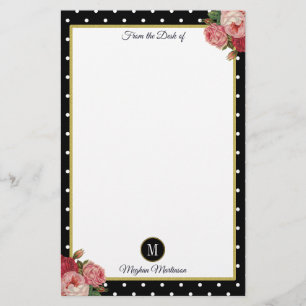 Papeterie Nom du monogramme des Pois floraux Vintages noirs