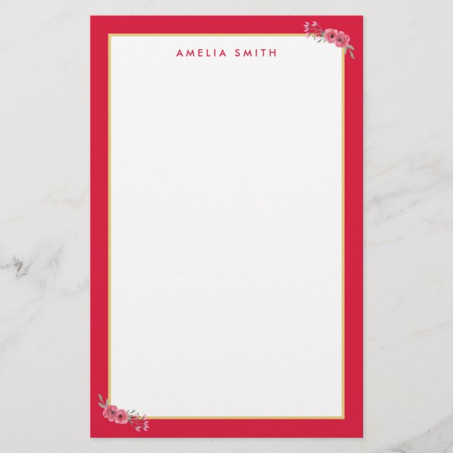 Papeterie Nom Personnalisé Chic Bordure rose Fleurs roses (Devant)