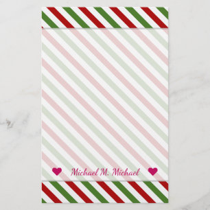 Papeterie Nom personnalisé + Motif rayé rouge, blanc et vert