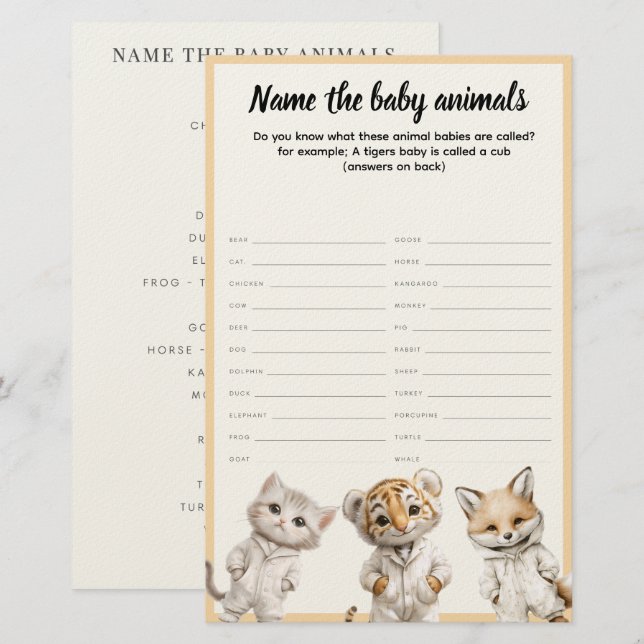 Papeterie Nommez les animaux de bébé Animaux de pyjama fanta (Devant / Derrière)