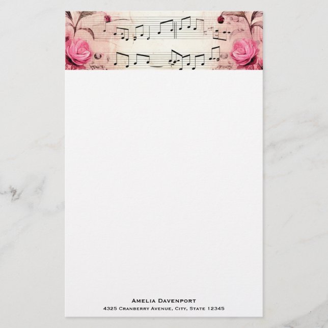 Papeterie Notes musicales et style Vintage Rose (Devant)