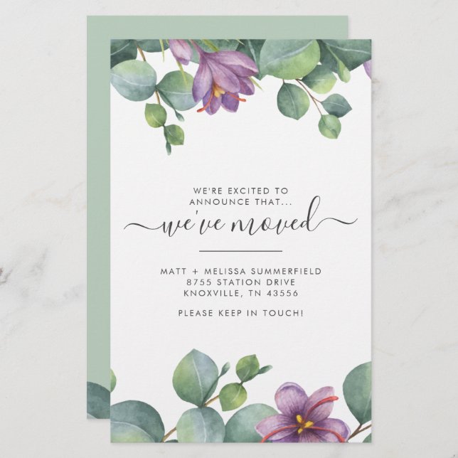 Papeterie Nous avons déménagé Adresse Eucalyptus Purple Gree (Devant / Derrière)