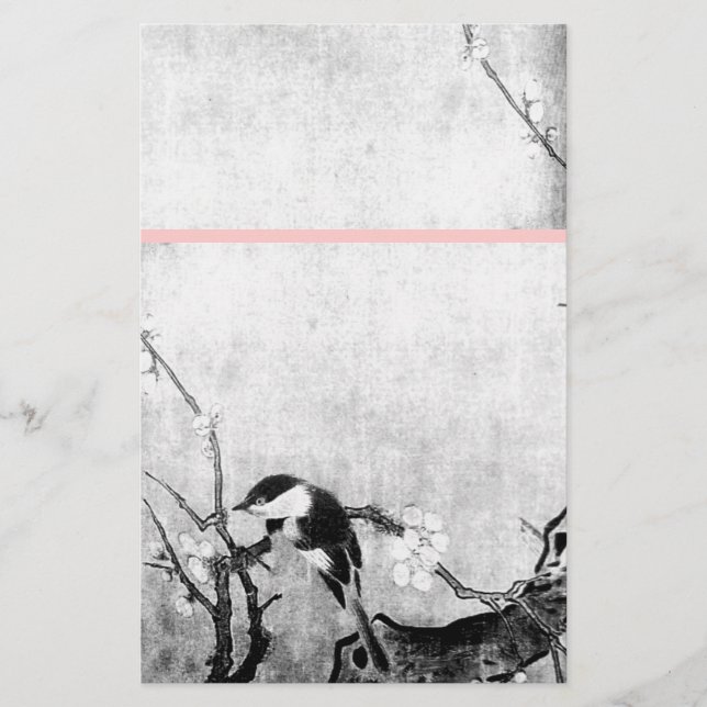 Papeterie OISEAU DE PRINTEMPS ET FLEURS ARBRE Noir Blanc Ros (Devant)