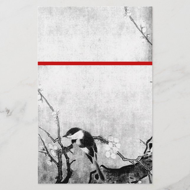 Papeterie OISEAU DE PRINTEMPS ET FLEURS ARBRE Noir Blanc Rou (Devant)