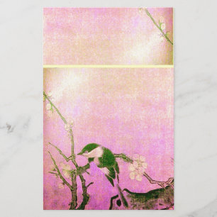 Papeterie OISEAU DE PRINTEMPS ET FLEURS D'ARBRE rose Fuchsia