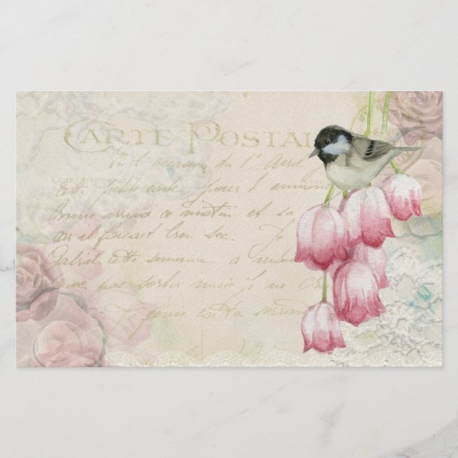 Papeterie Oiseau et fleurs avec écriture manuscrite Shabby V (Devant)