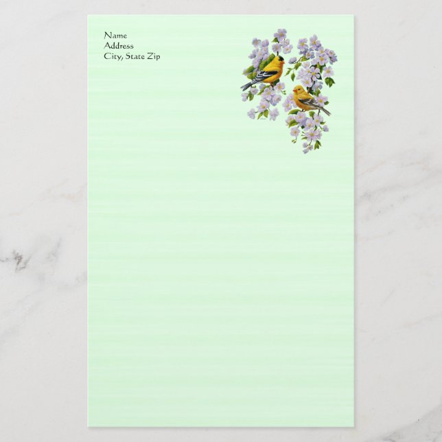 Papeterie Oiseaux Goldfinch & fleurs de pomme vert (Devant)